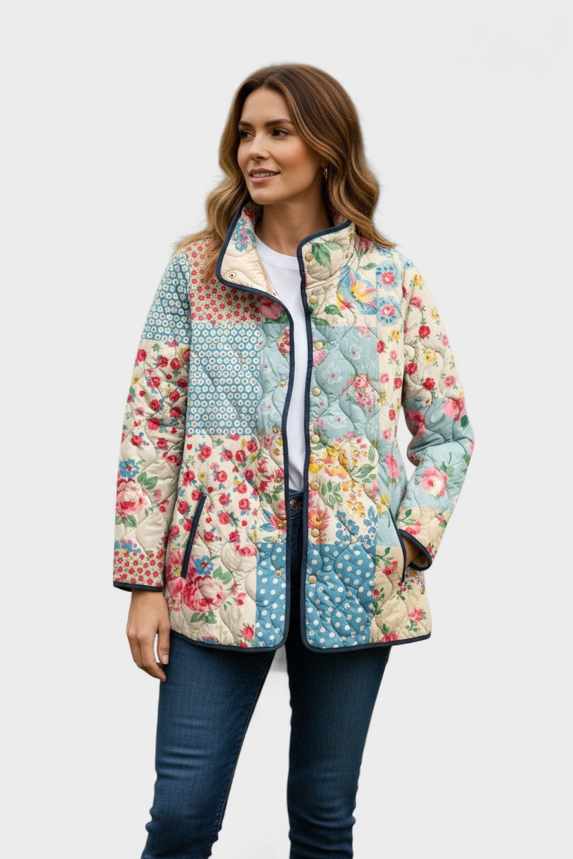 Women's Patchwork Floral Quilted Snap-Front Jacket
