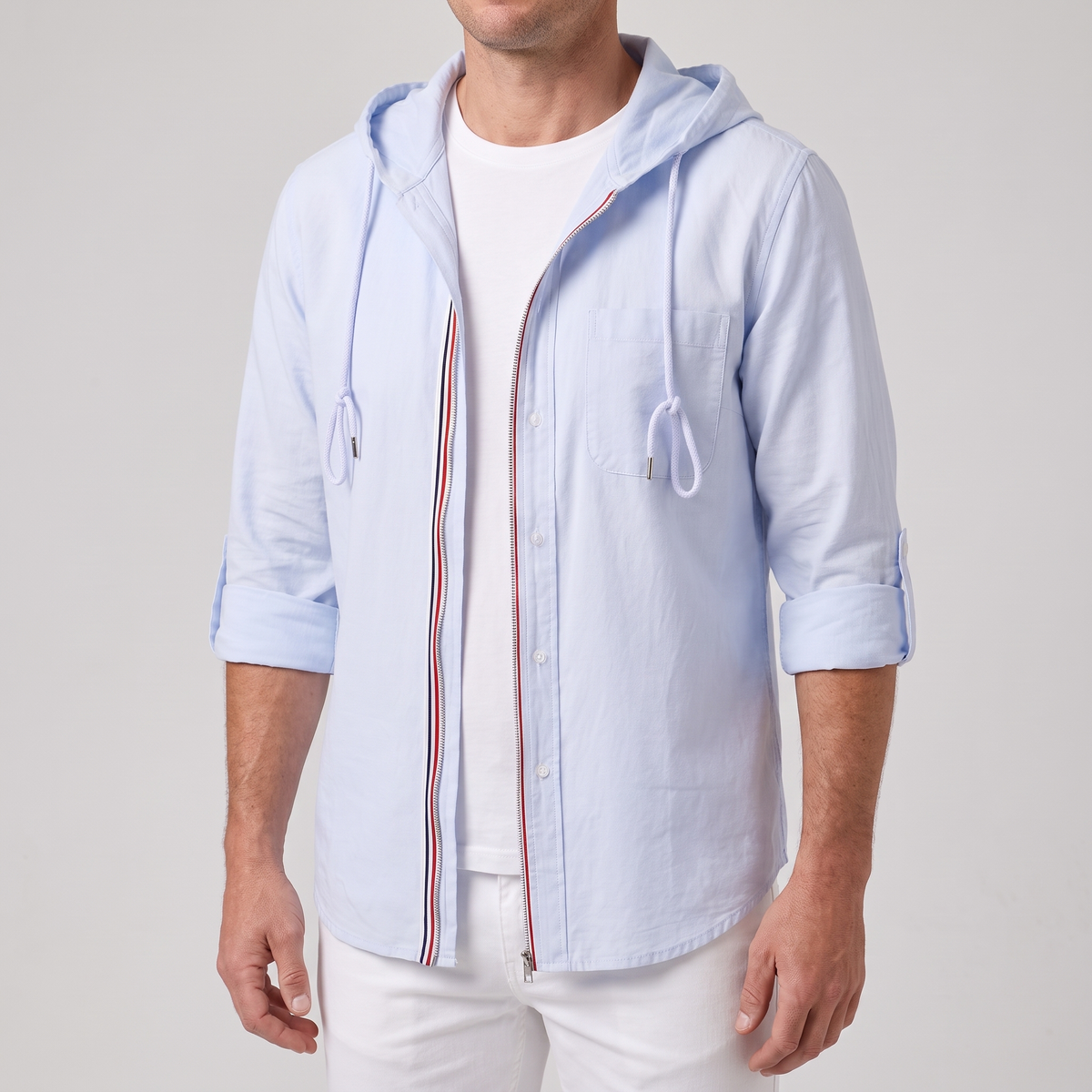 Men’s Hooded Zip Shirt Jacket with Stripe Trim