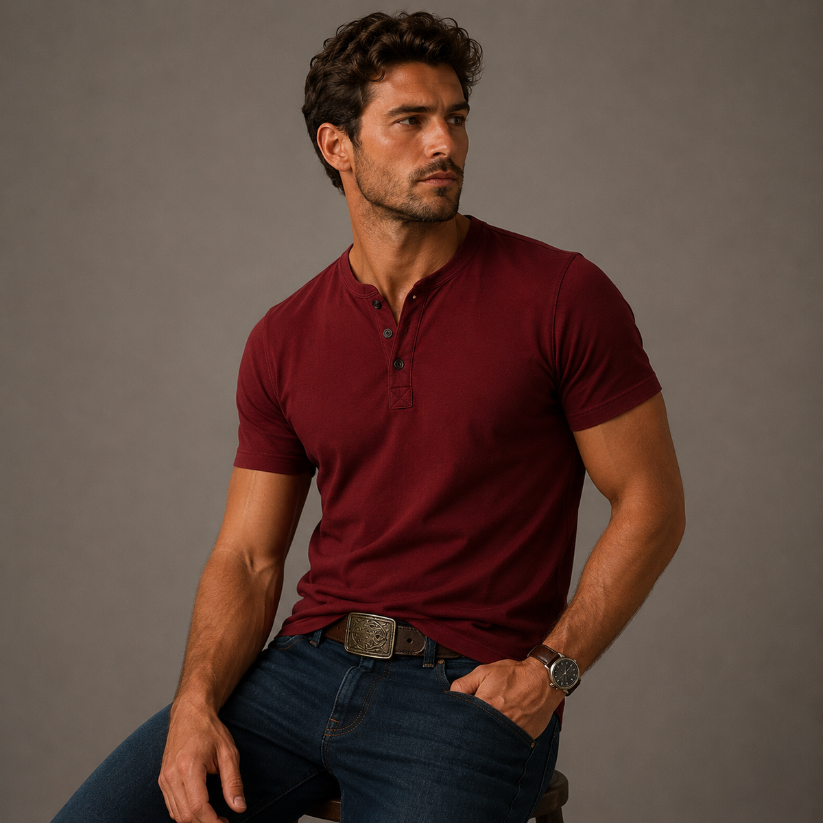 Men's Short Sleeve Henley T-Shirt with Button Placket