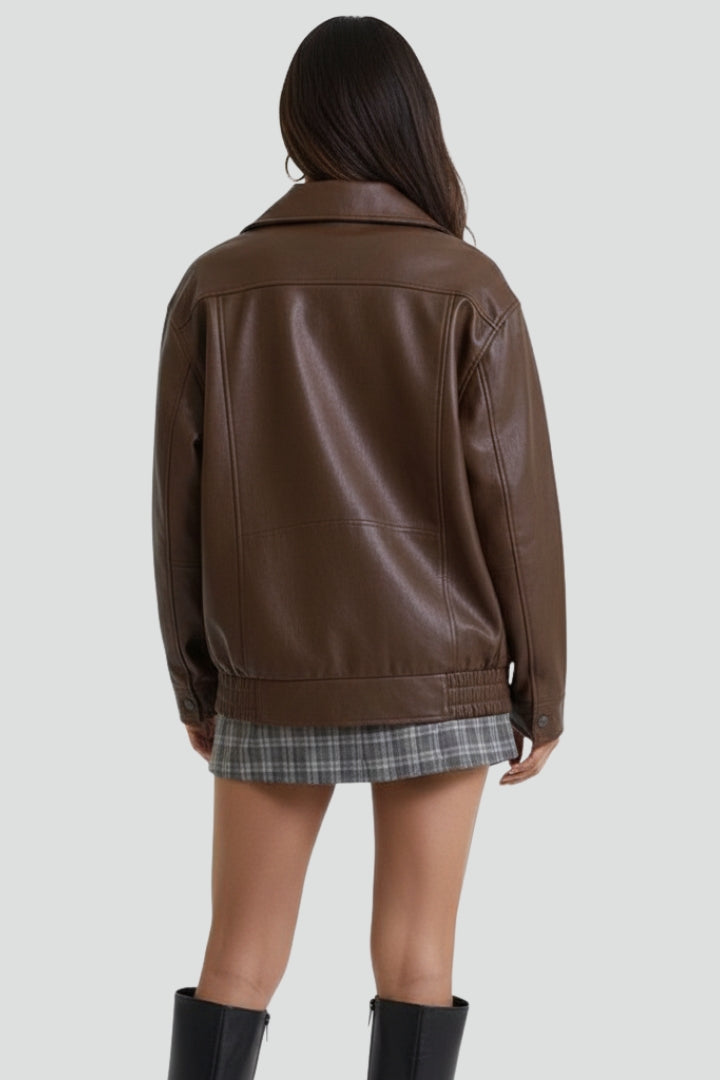 Women's Faux Leather Collared Zip Jacket