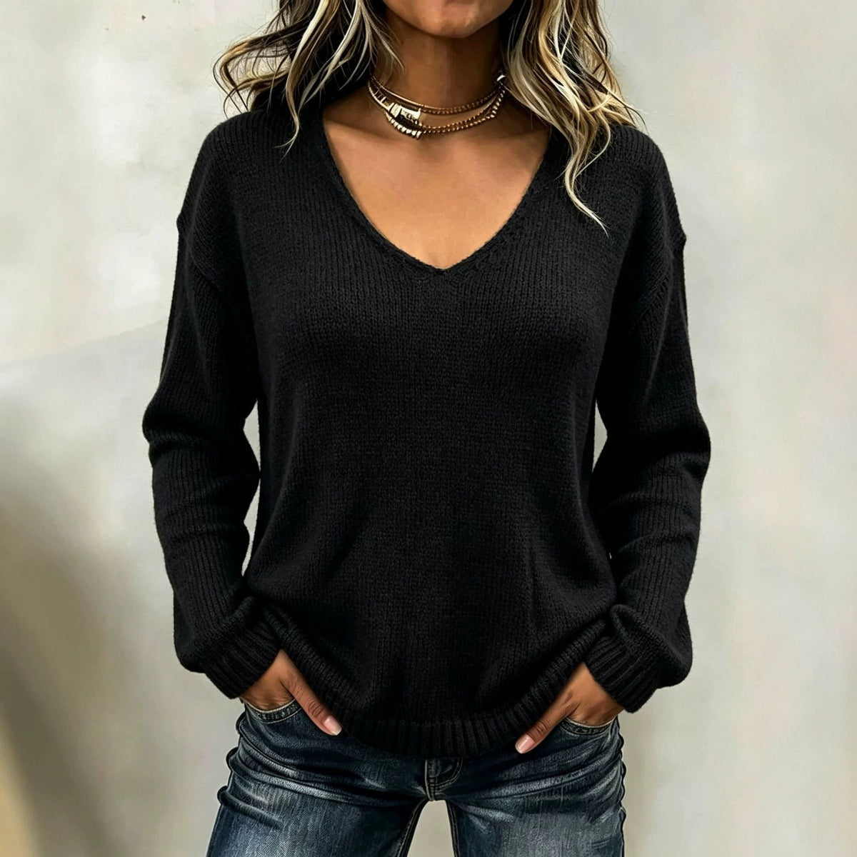 Women's Relaxed V-Neck Knit Sweater with Ribbed Trims