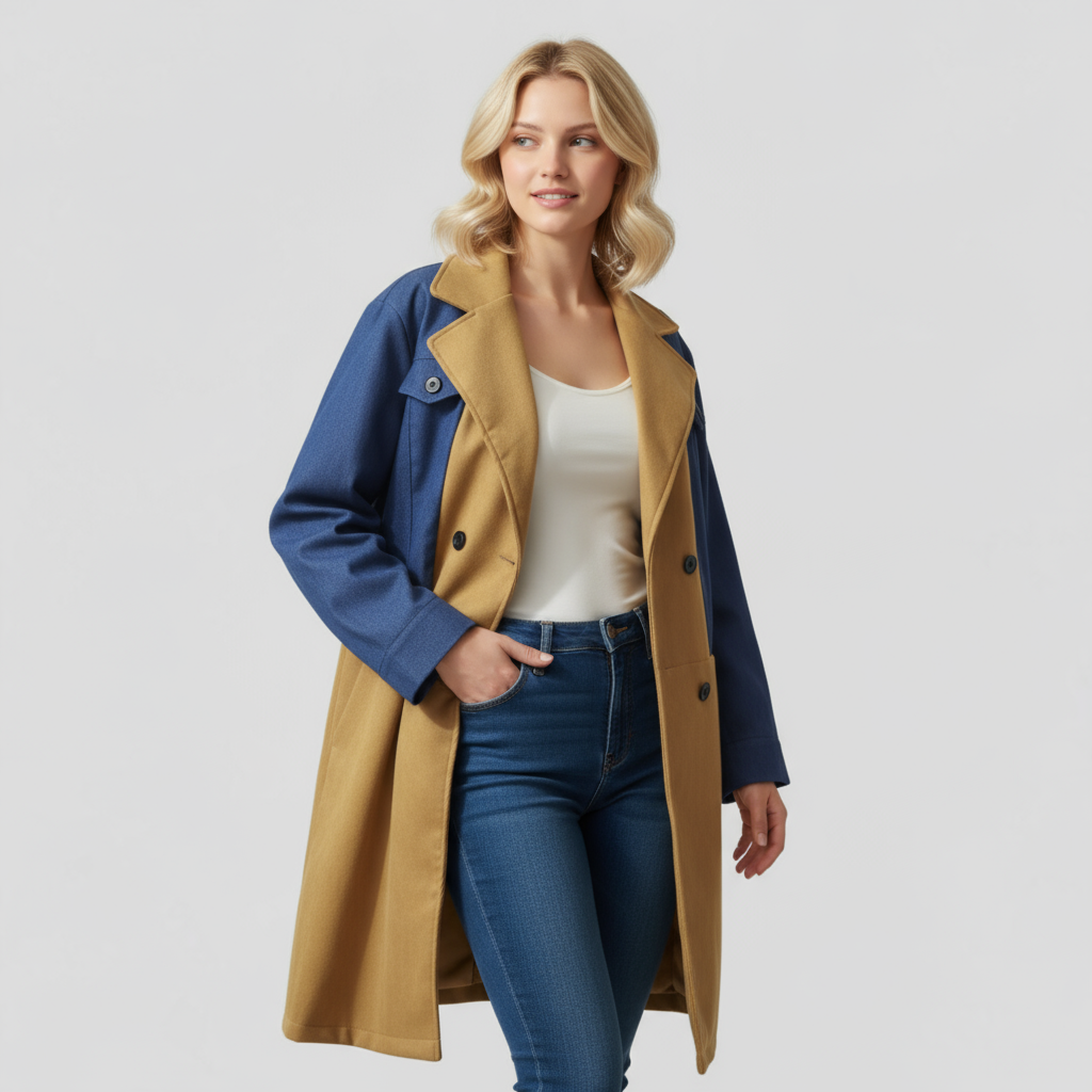 Women's Colour Block Panelled Coat with Notched Lapels