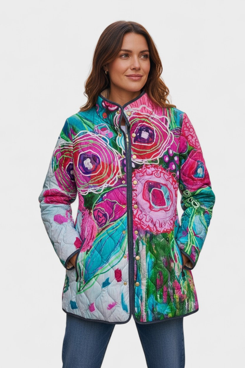 Women's Patchwork Floral Quilted Snap-Front Jacket