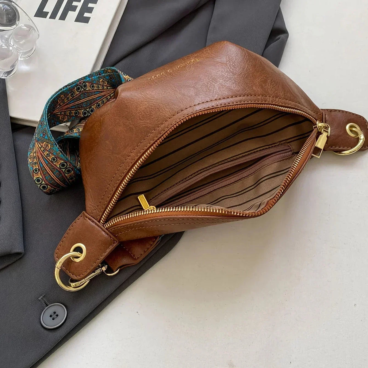 Women's Crossbody Sling Bag with Patterned Guitar Strap