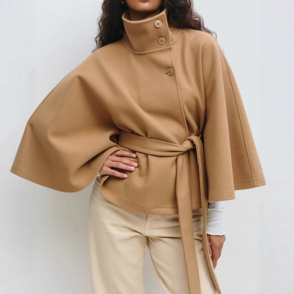 Women's Belted Cape Coat with High Funnel Collar