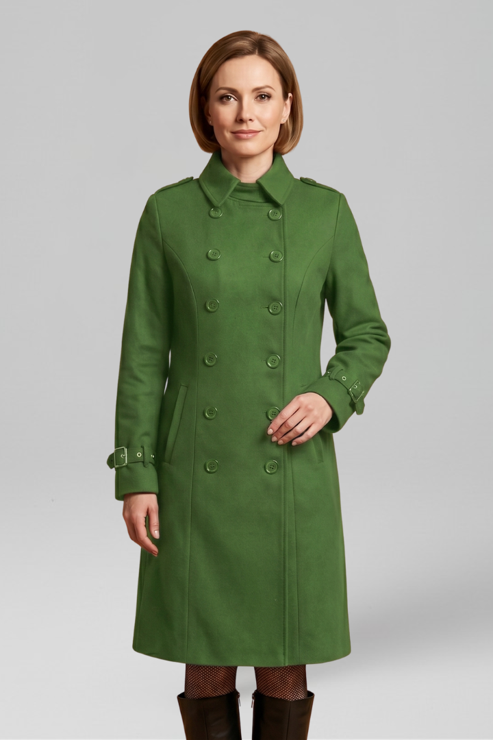 Women's Double-Breasted Military Coat with Buckle Cuffs