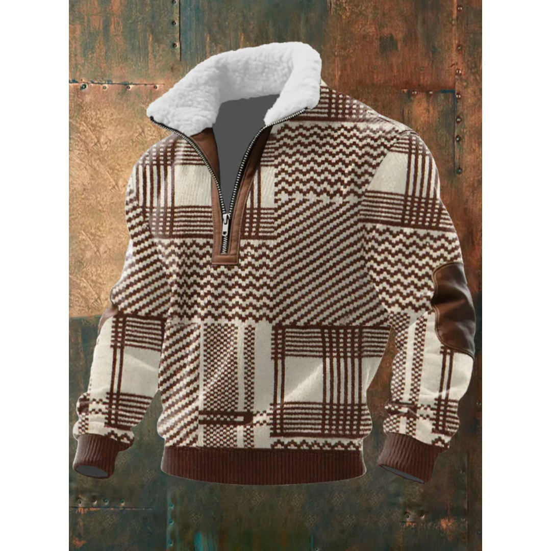 Men's Colour Block Half-Zip Sweater with Contrast Elbow Patches