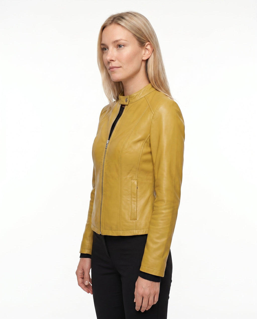 Women's Faux Leather Racer Jacket with Band Collar