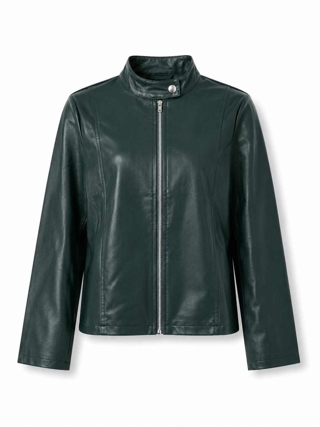 Women's Faux Leather Racer Jacket with Band Collar
