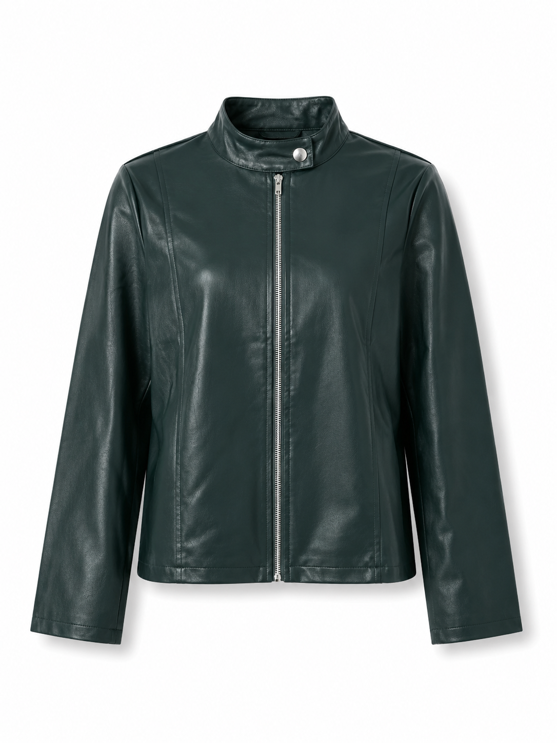 Women's Faux Leather Racer Jacket with Band Collar