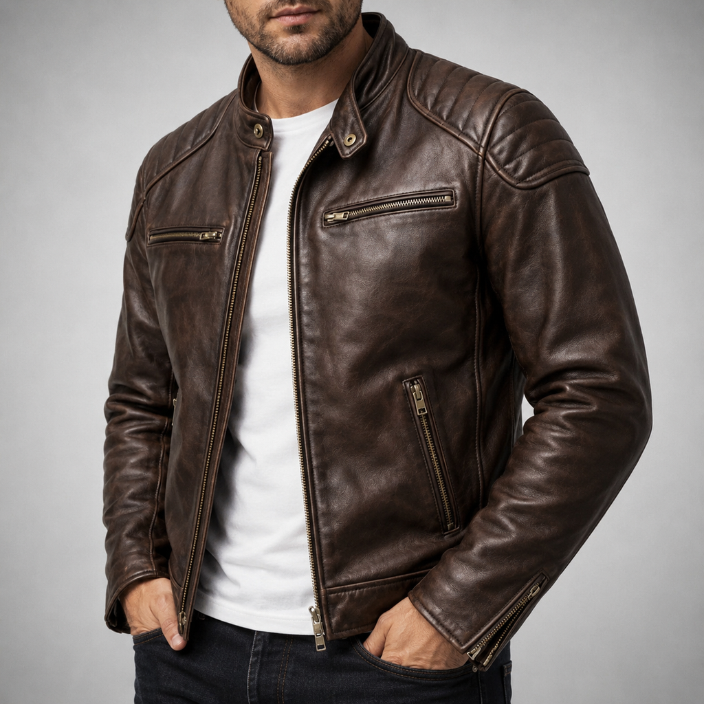 Men's Faux Leather Biker Jacket with Quilted Shoulders