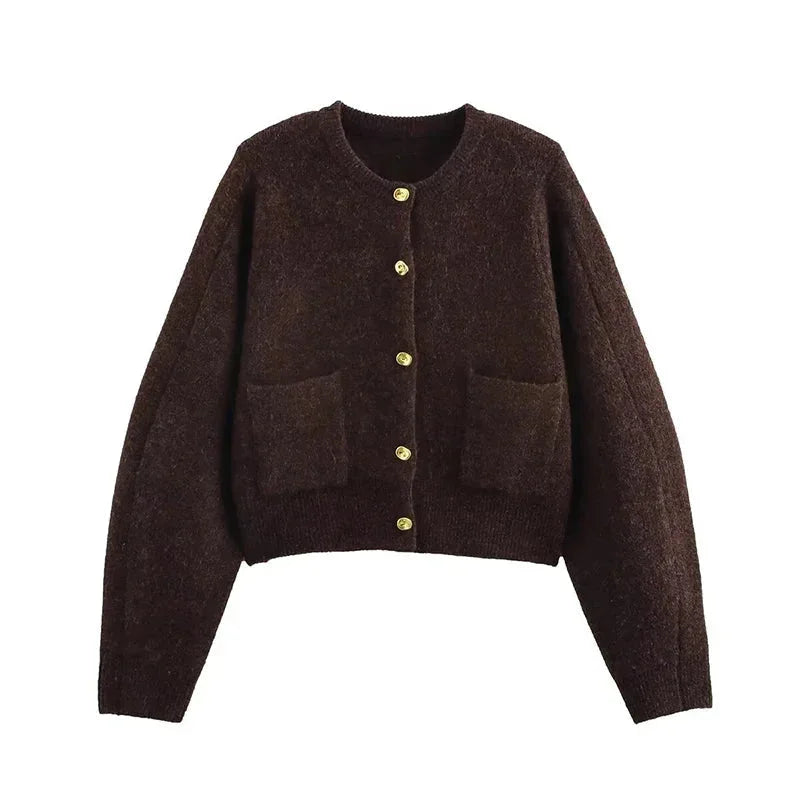 Women's Cropped Button-Front Knit Cardigan with Gold Buttons