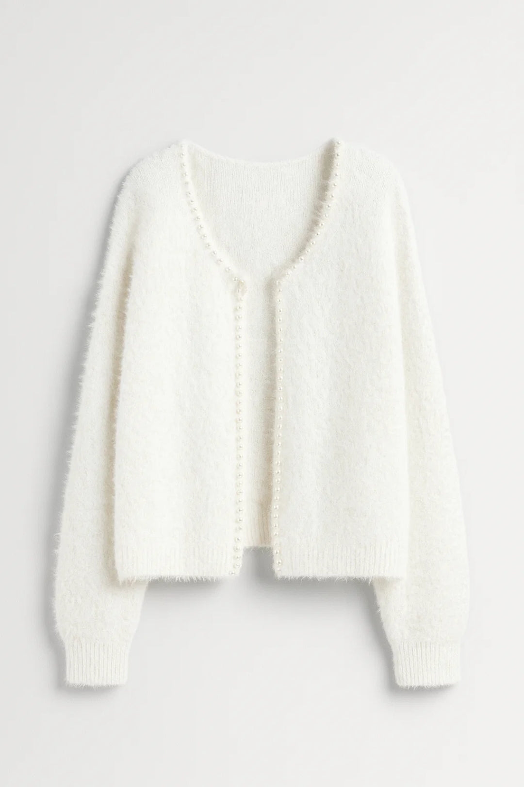 Women's Fuzzy Knit Cardigan with Pearl Trim Detail