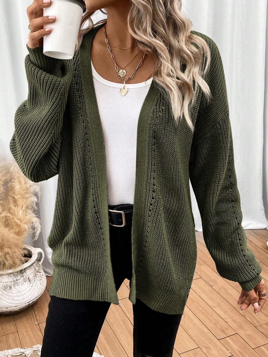 Women's Pointelle Knit Open Front Cardigan with Side Slits