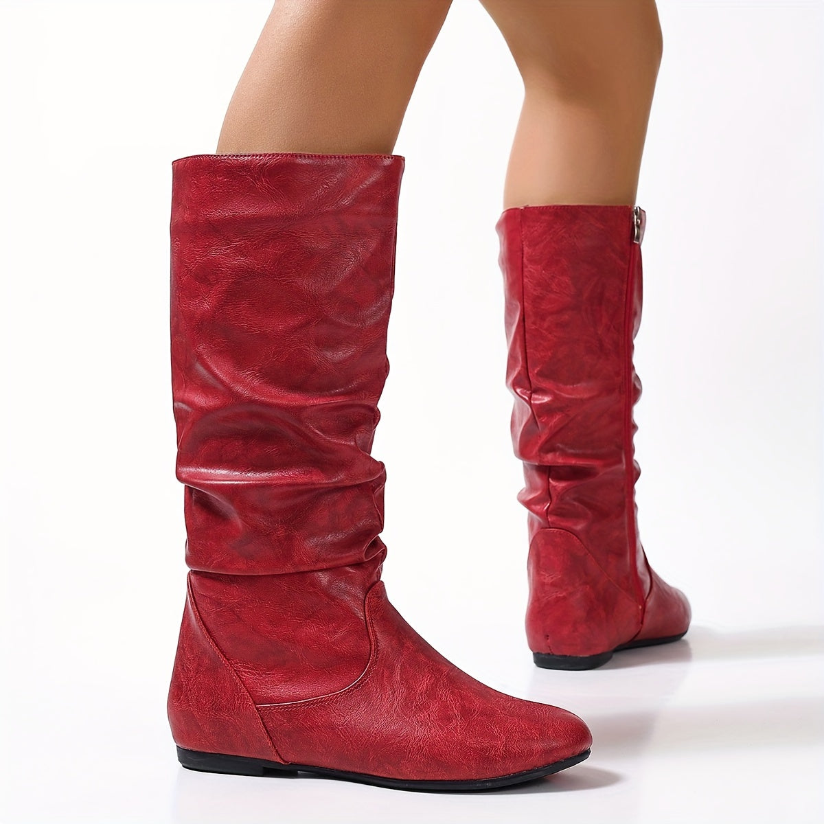 Women's Slouchy Knee-High Flat Boots with Side Zip