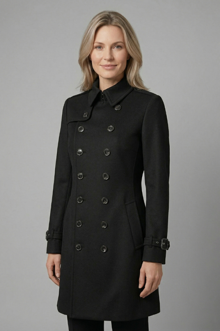 Women's Double-Breasted Military Coat with Buckle Cuffs