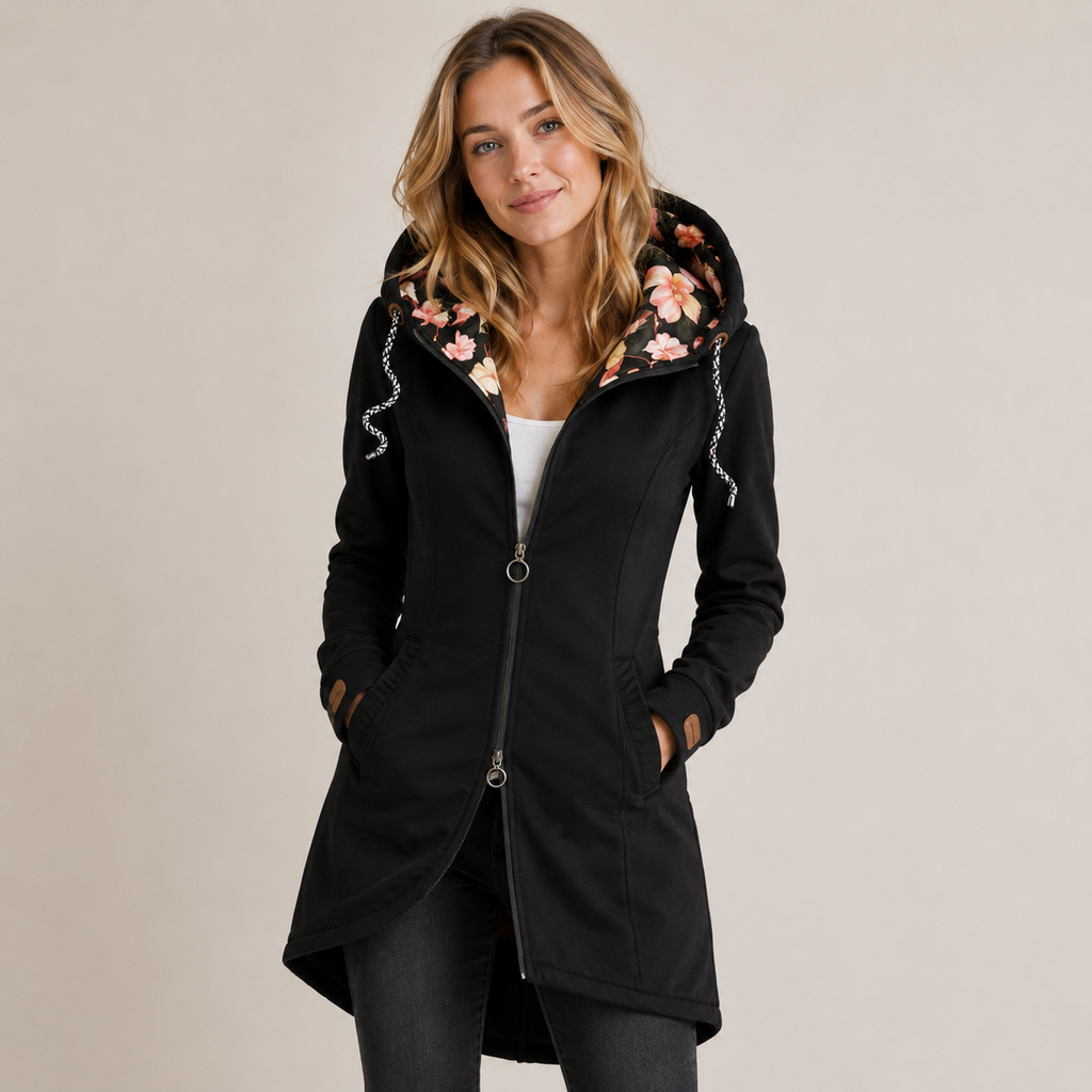 Women's Longline Hooded Zip Jacket with Floral Lined Hood