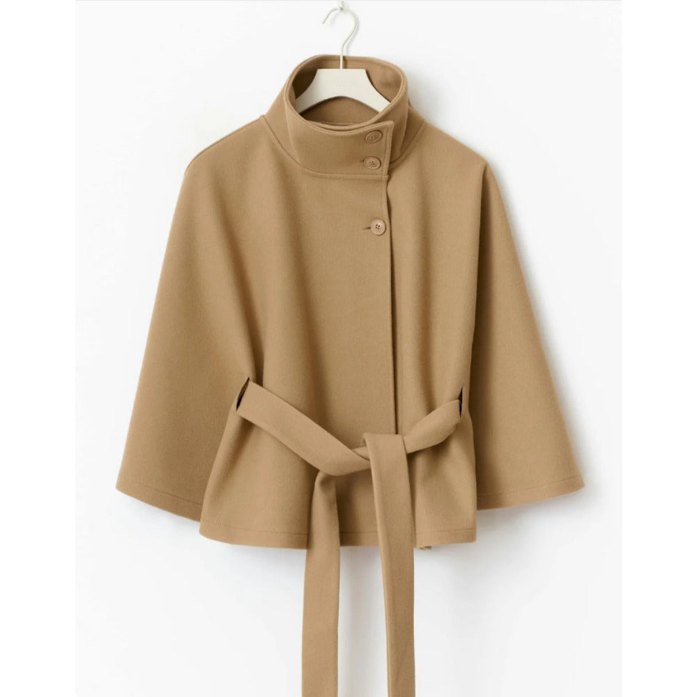 Women's Belted Cape Coat with High Funnel Collar