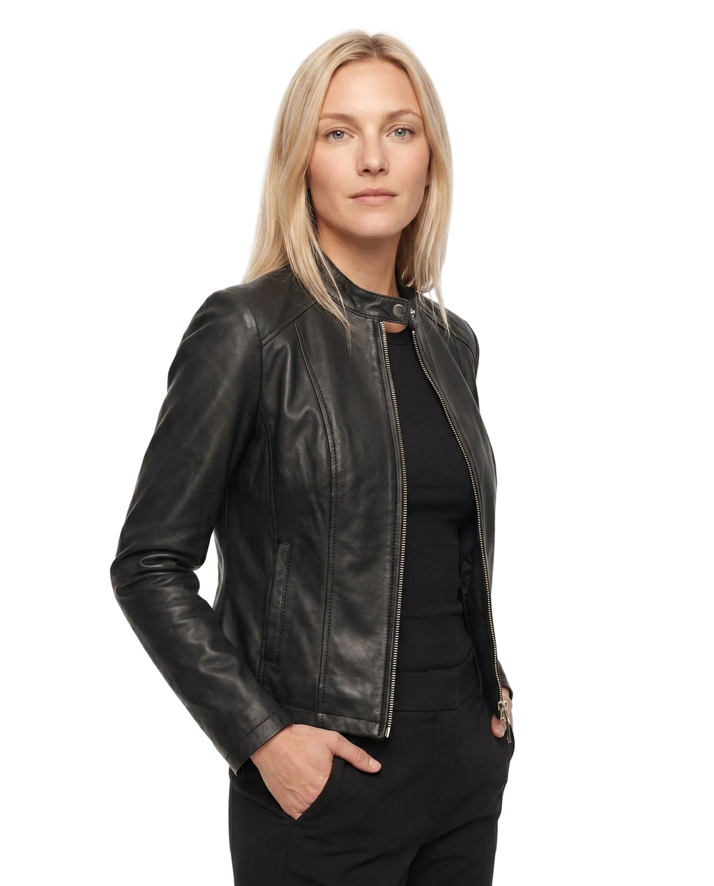 Women's Faux Leather Racer Jacket with Band Collar
