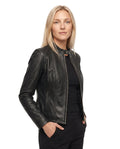 Women's Faux Leather Racer Jacket with Band Collar