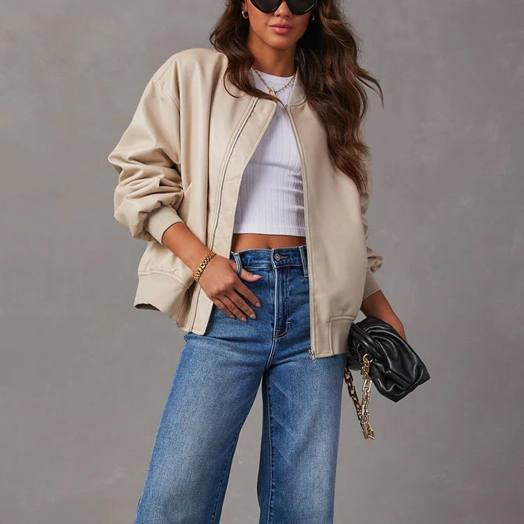 Women's Oversized Zip-Up Bomber Jacket with Ribbed Trim