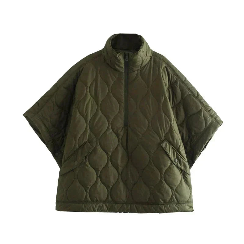 Women's Quilted Poncho Jacket with Stand Collar