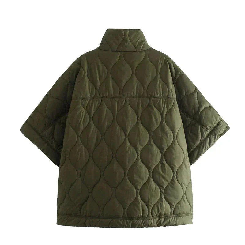 Women's Quilted Poncho Jacket with Stand Collar