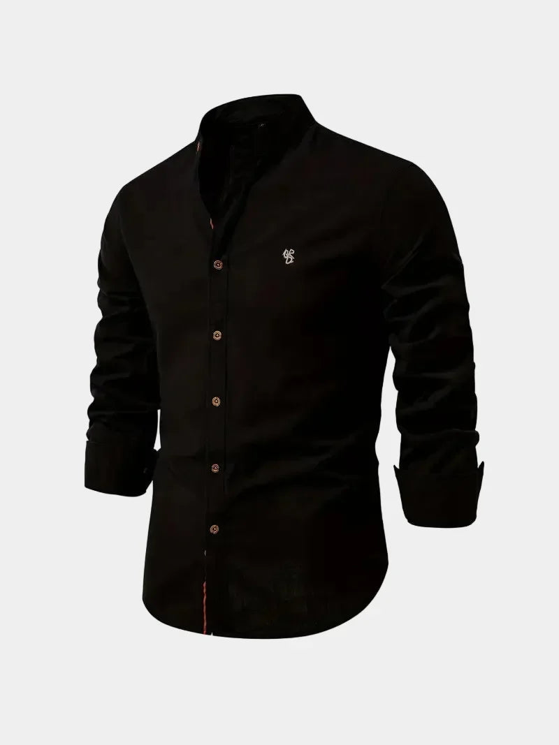 Men's Band Collar Long Sleeve Shirt with Embroidered Detail
