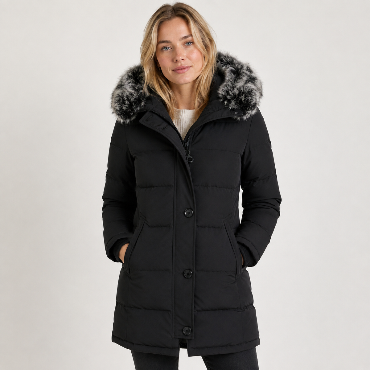 Women's Padded Parka Coat with Faux Fur Trim Hood