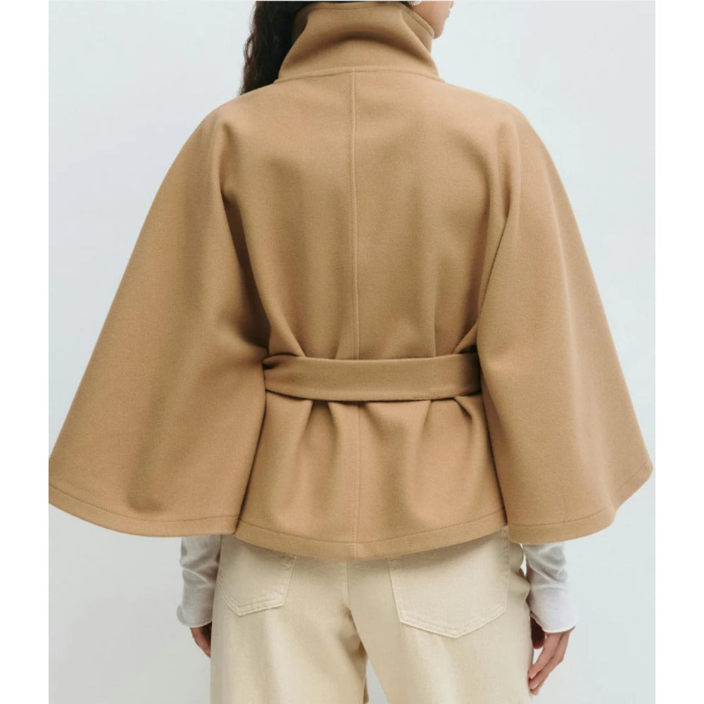 Women's Belted Cape Coat with High Funnel Collar