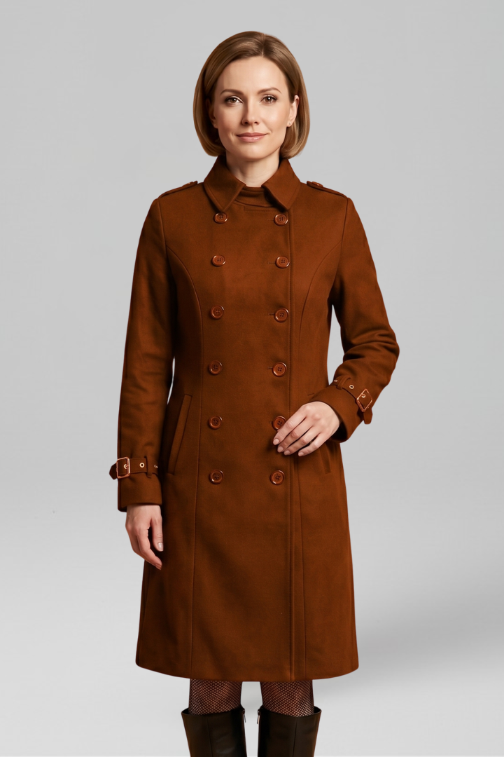 Women's Double-Breasted Military Coat with Buckle Cuffs