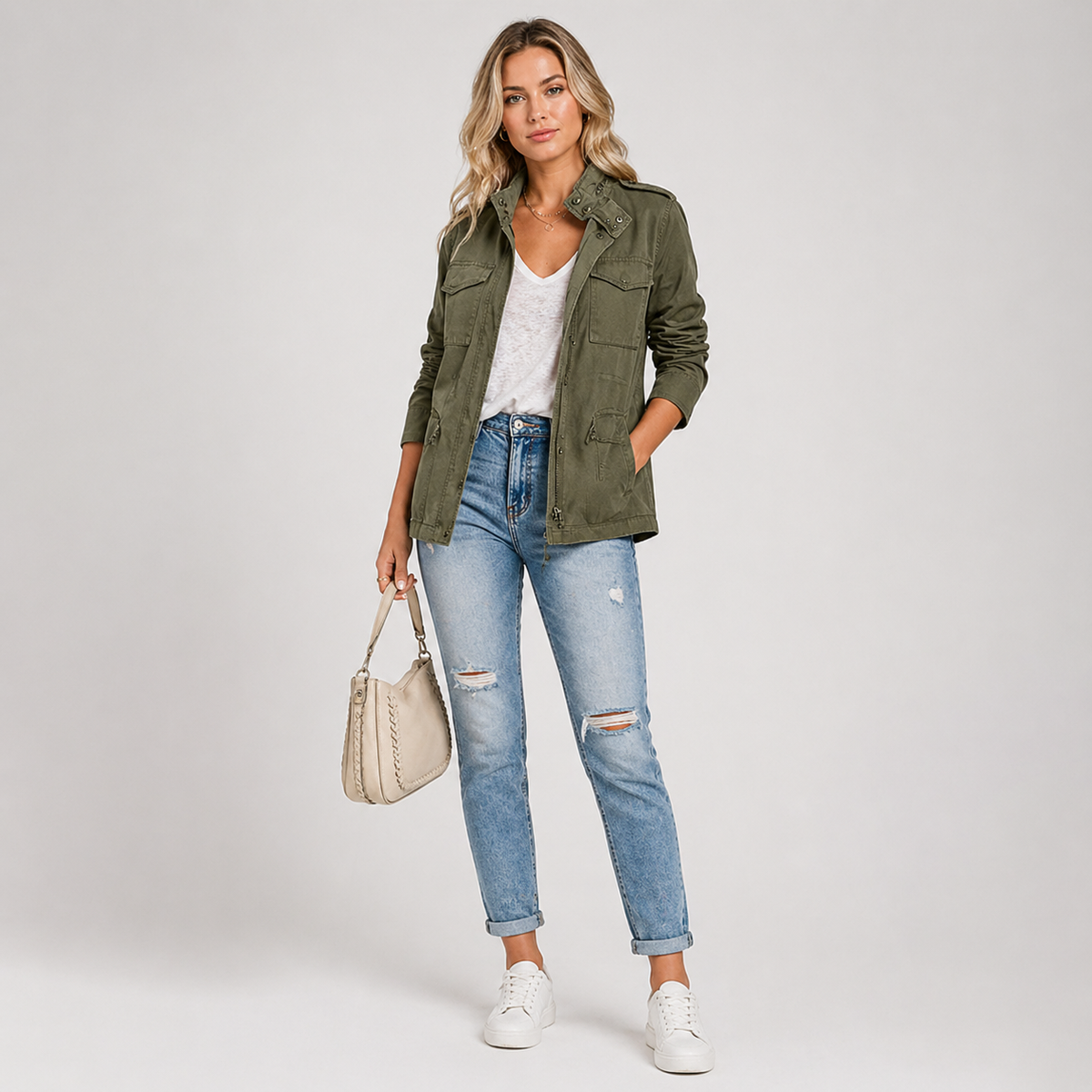 Women's Cinched Waist Utility Jacket with Flap Pockets