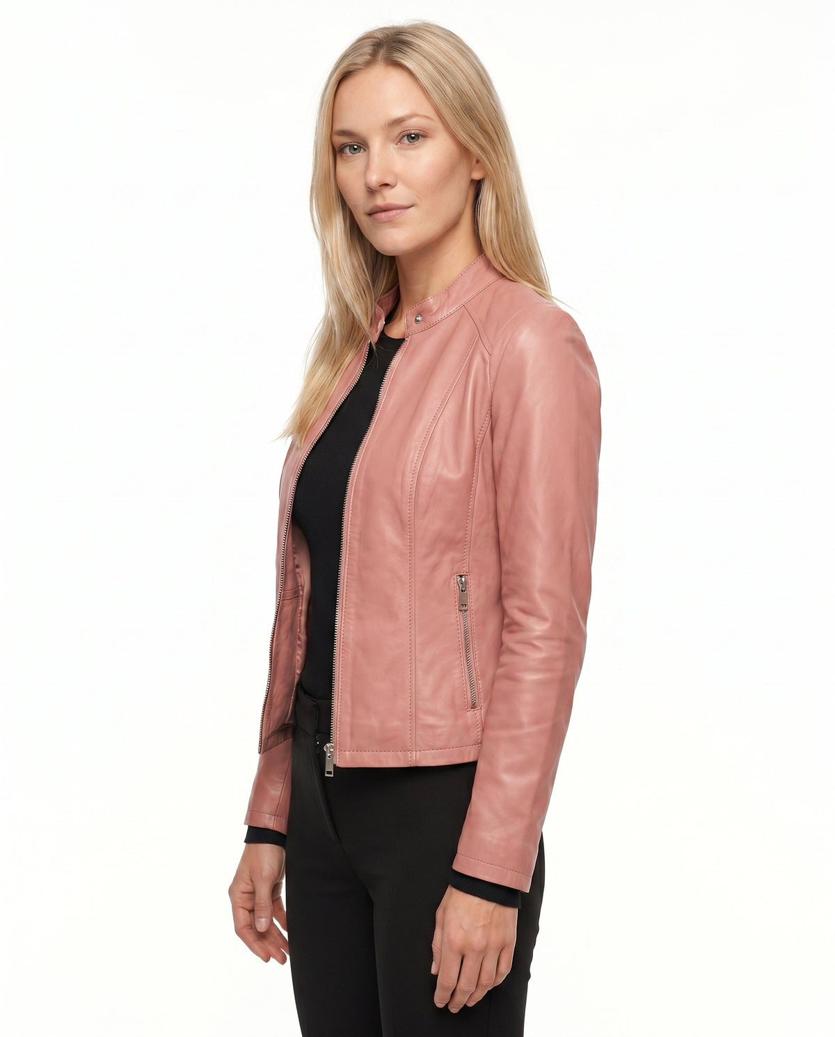 Women's Faux Leather Racer Jacket with Band Collar