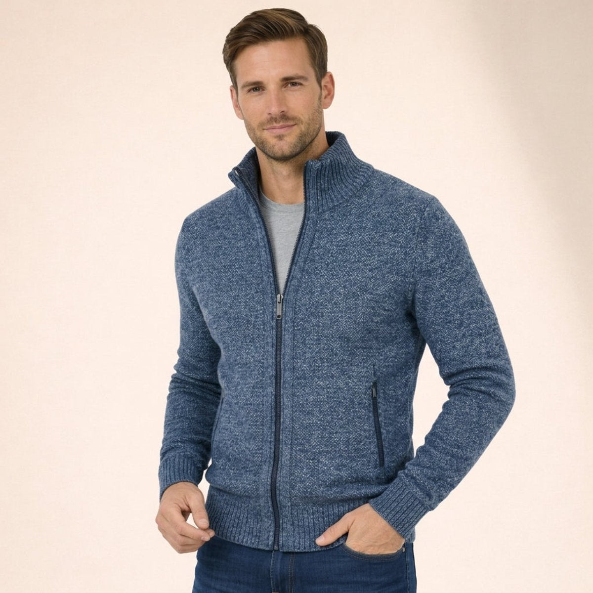 Men's Full-Zip Knit Cardigan Sweater with Stand Collar