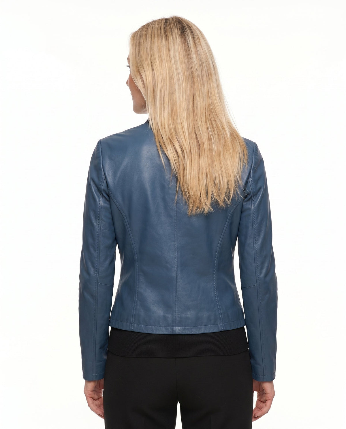 Women's Faux Leather Racer Jacket with Band Collar