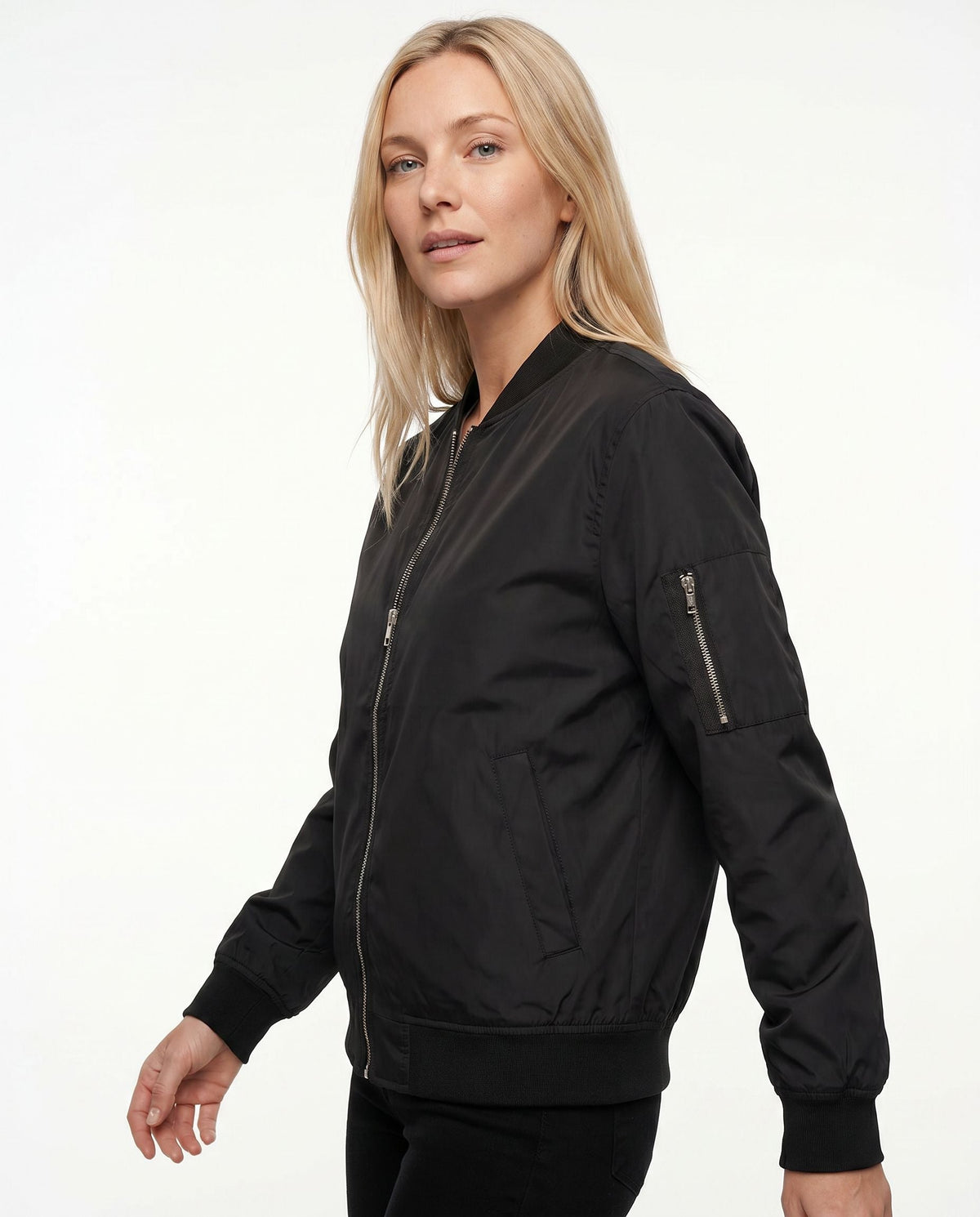 Women's Classic Bomber Jacket with Sleeve Zip Pocket