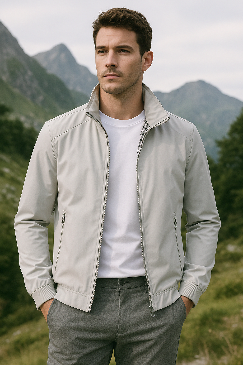 Men's Stand Collar Zip Jacket with Checked Lining
