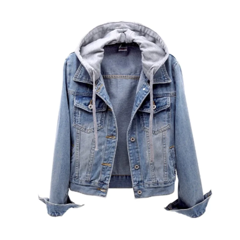 Women's Cropped Denim Jacket with Jersey Hood