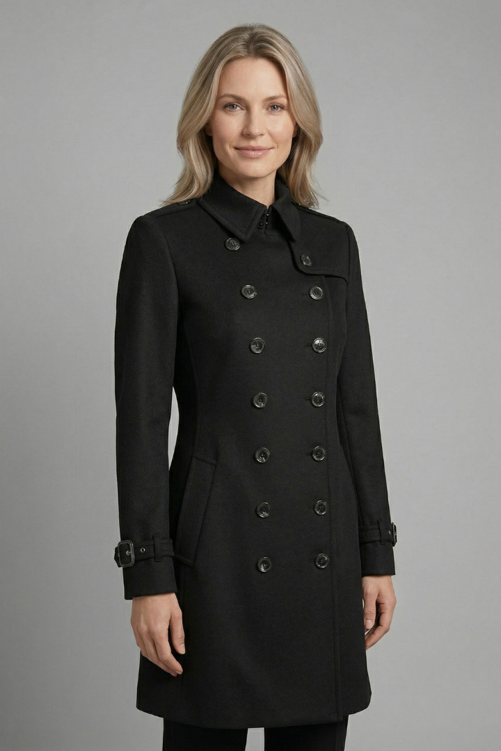 Women's Double-Breasted Military Coat with Buckle Cuffs
