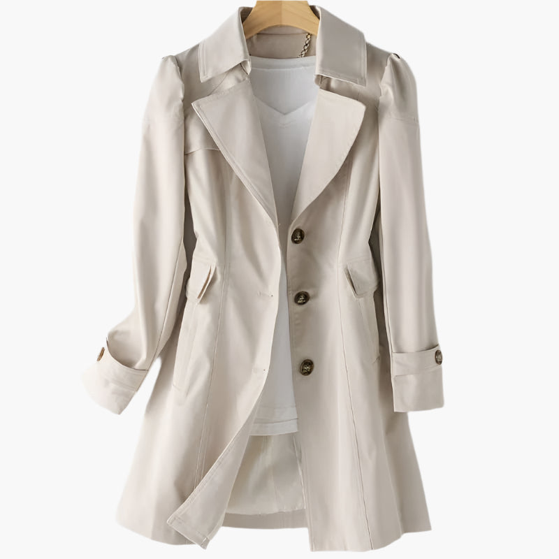 Women's Single-Breasted Fitted Trench Coat with Puff Shoulders