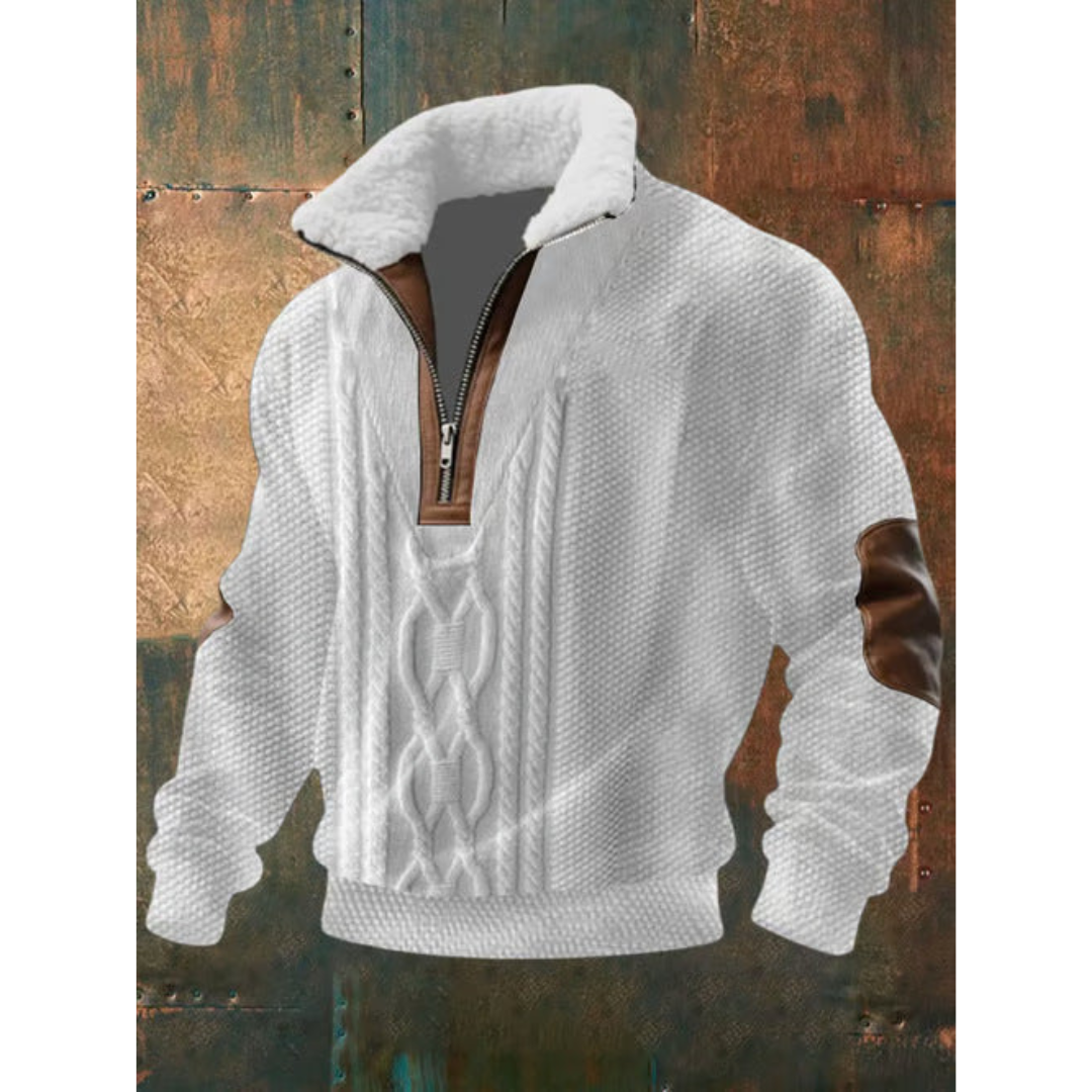 Men's Colour Block Half-Zip Sweater with Contrast Elbow Patches