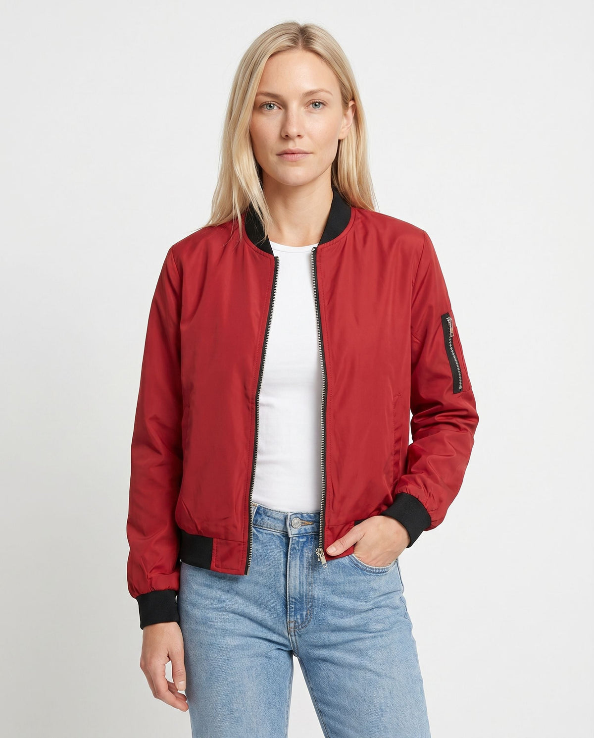Women's Classic Bomber Jacket with Sleeve Zip Pocket