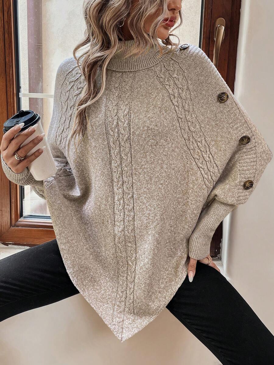 Women's Cable Knit Poncho Sweater with Button Detail