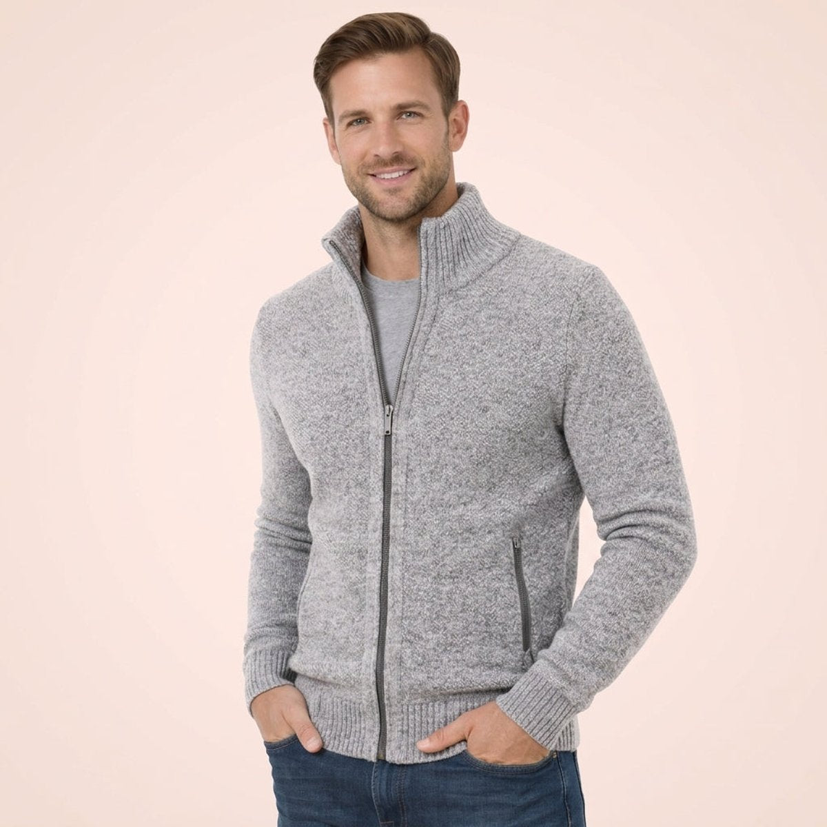 Men's Full-Zip Knit Cardigan Sweater with Stand Collar