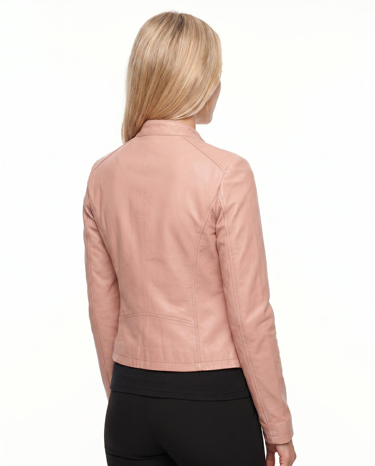 Women's Faux Leather Racer Jacket with Band Collar