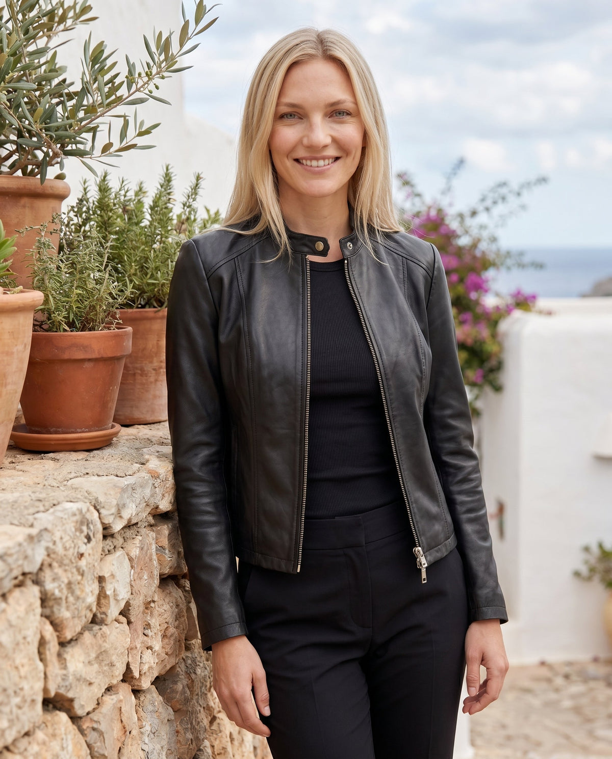 Women's Faux Leather Racer Jacket with Band Collar