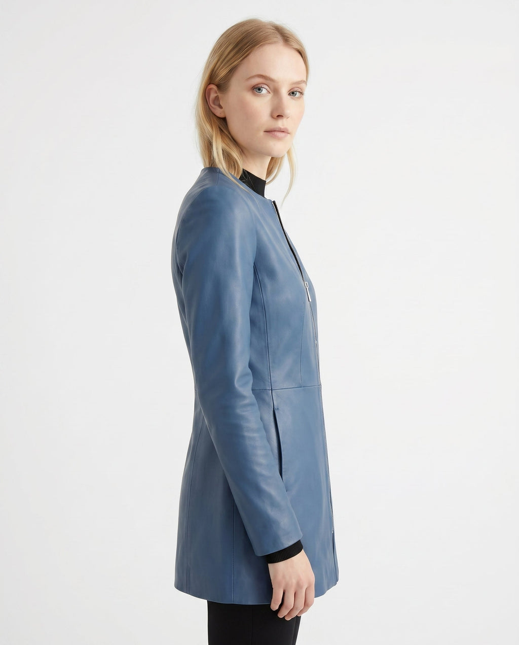Women's Faux Leather Racer Jacket with Band Collar