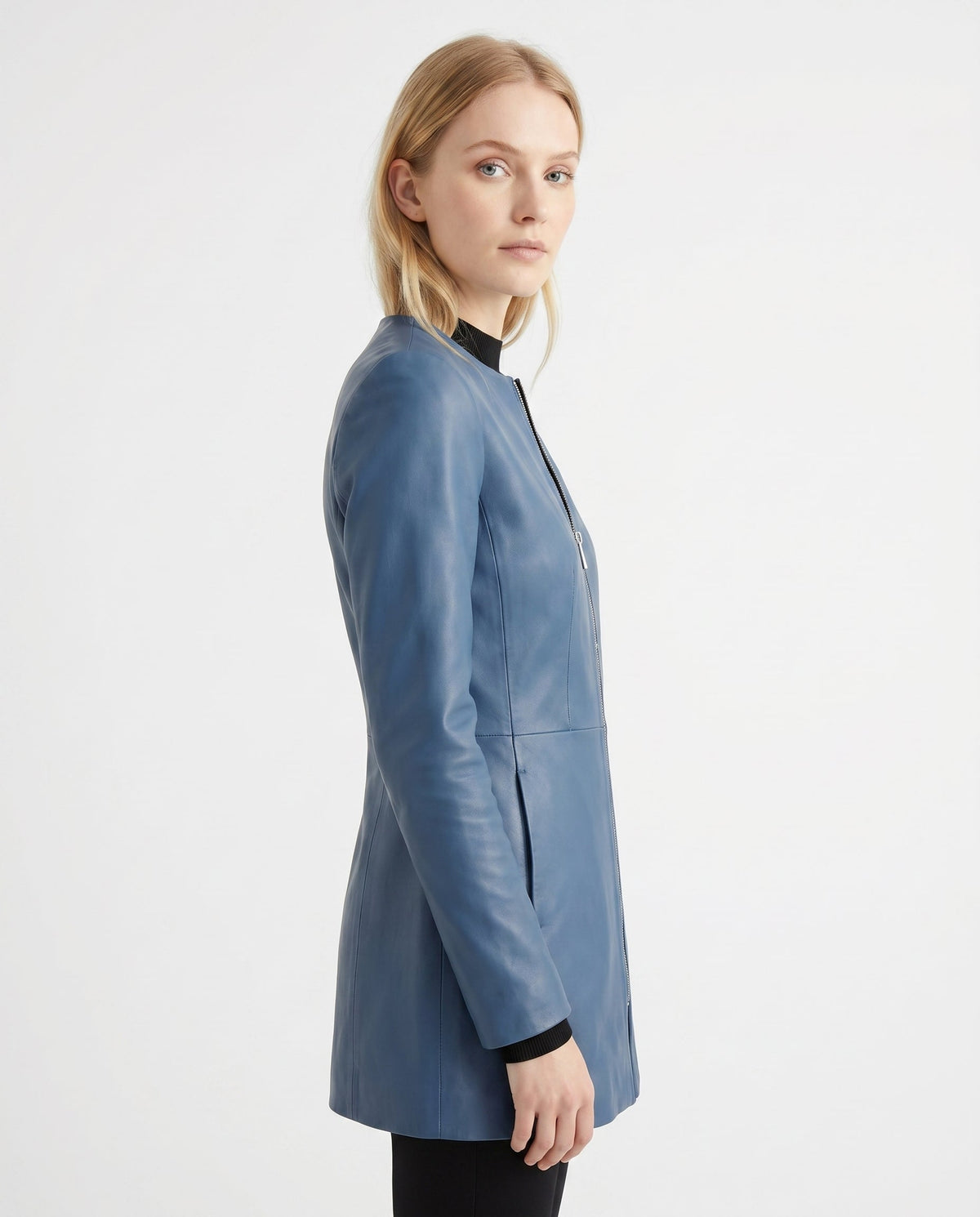Women's Faux Leather Racer Jacket with Band Collar