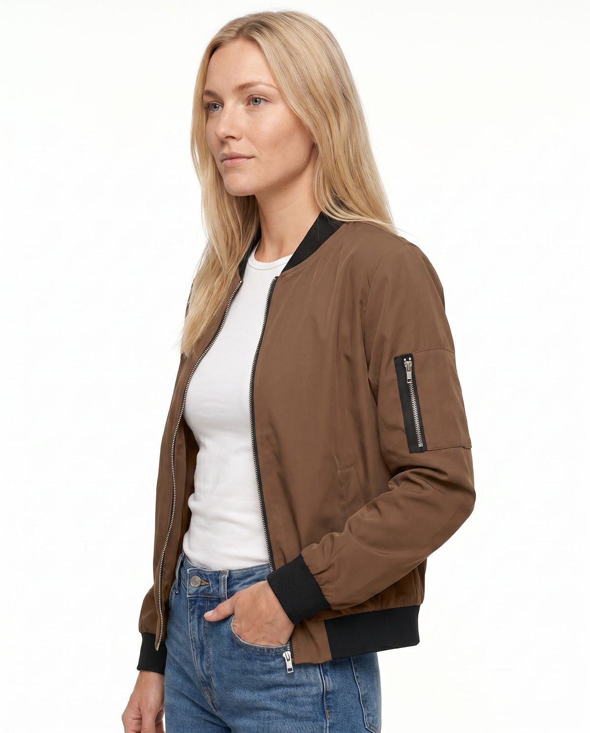 Women's Classic Bomber Jacket with Sleeve Zip Pocket