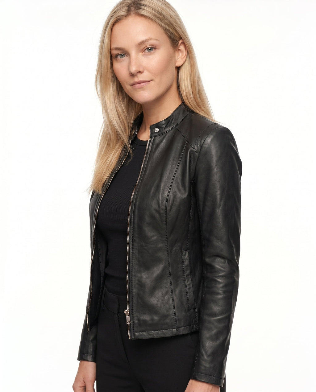 Women's Faux Leather Racer Jacket with Band Collar